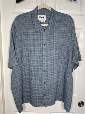 FLAX Men’s Button Up Shirt Medium Linen Plaid Oversized Short Sleeve Resort